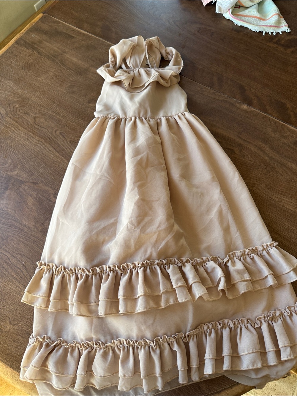 Girls Halter Ruffle Layered Dress in Light Beige